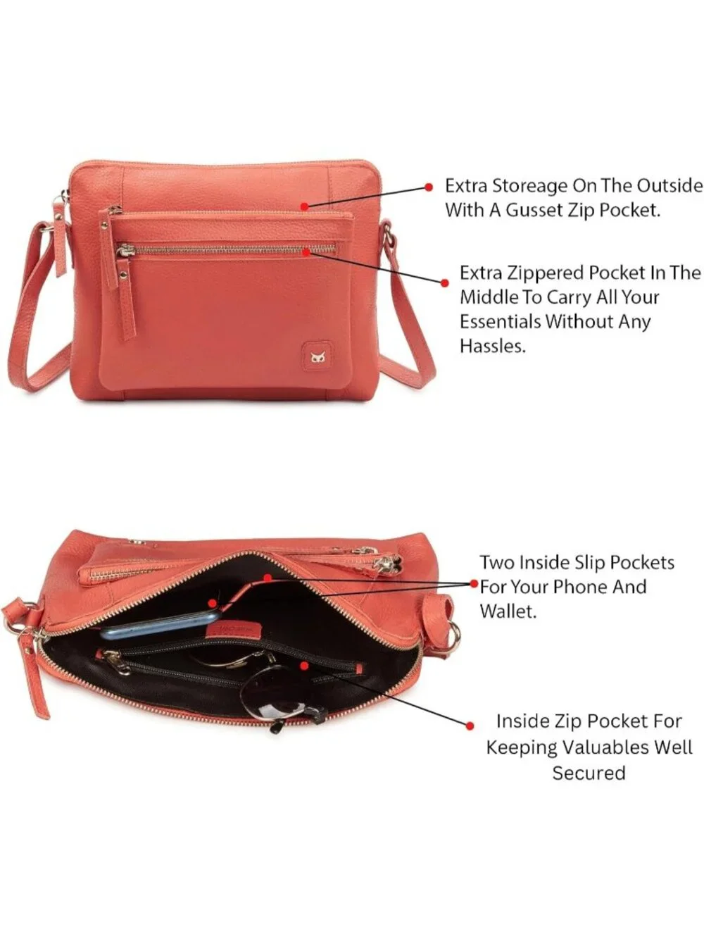Women's Coral Genuine Leather Sling Purse with Adjustable Strap Crossbody bags